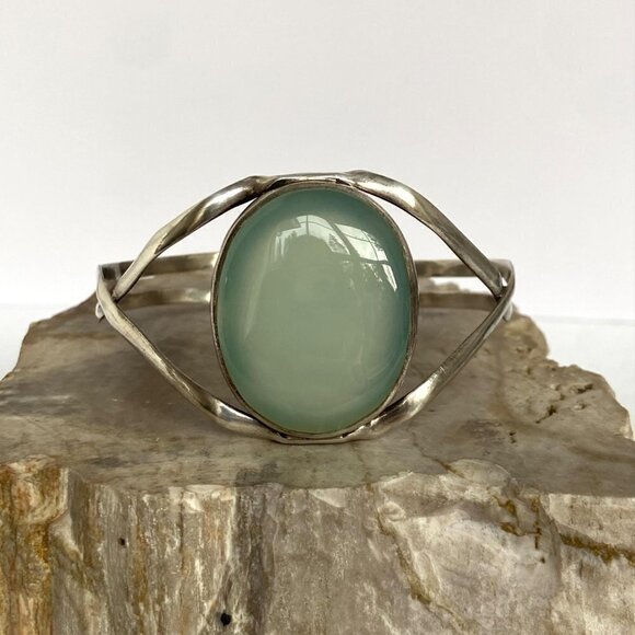 Sterling Silver 925 Large Oval Green Chalcedony Split Band Cuff Bracelet Sz 8" - Picture 6 of 16